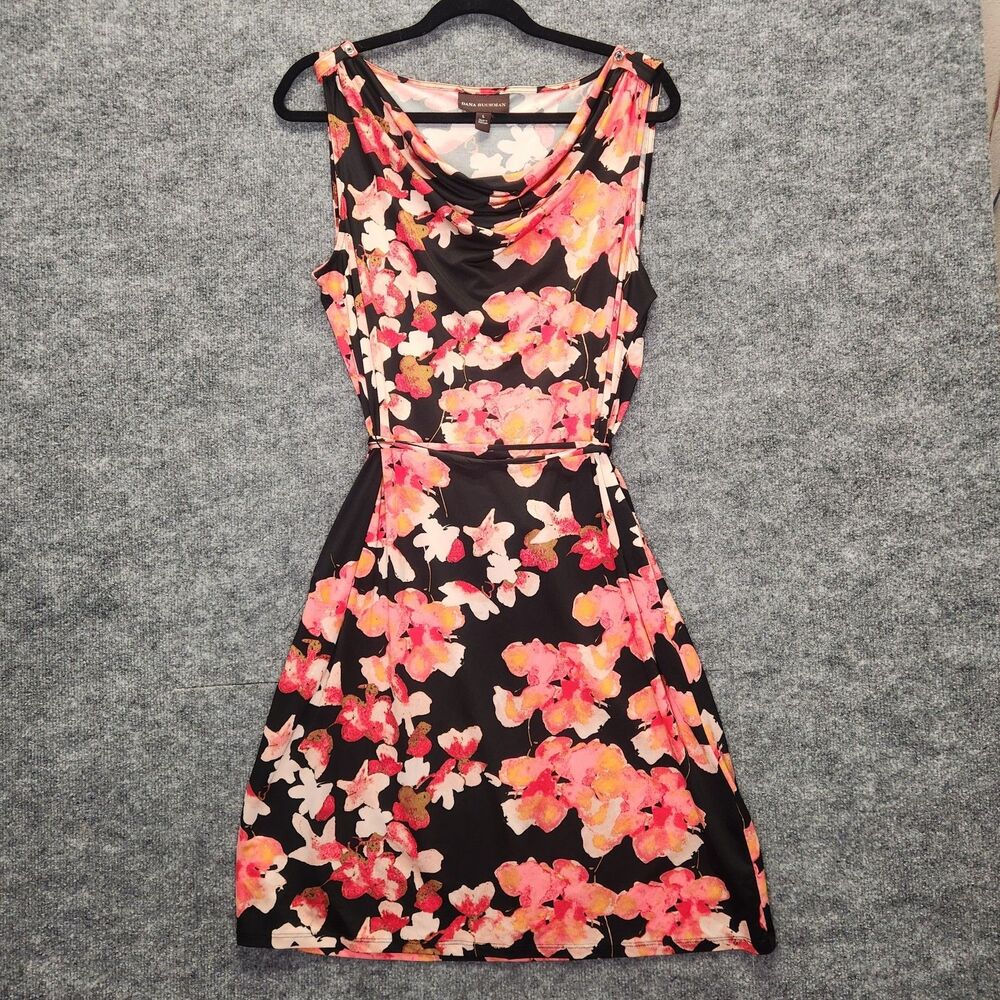 Dana Buchman Floral Dress Large Draped Neck Sleeveless Belted Black Pink Flowers